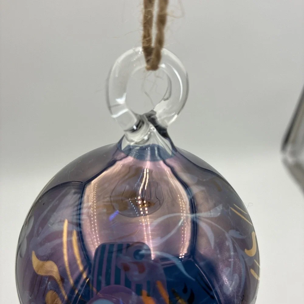 Vintage Purple Iridescent Hand Blown Glass Teardrop Ornament Gold Floral 8.5